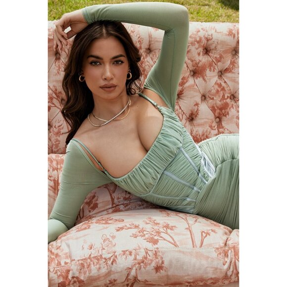 House of CB Freyja Gathered Corset Dress Size M Sage Green Mesh & Satin - Picture 2 of 15